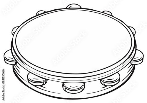 Simple outline drawing of a tambourine with jingles and a drum head for musical percussion