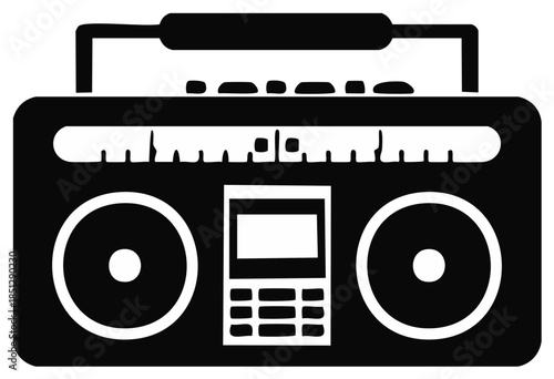 Retro boombox with dual speakers and cassette deck graphic