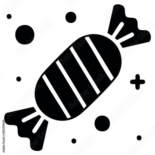 Wrapped Candy Illustration with Diagonal Stripes and Scattered Dots, Vector Sweet Treat Icon