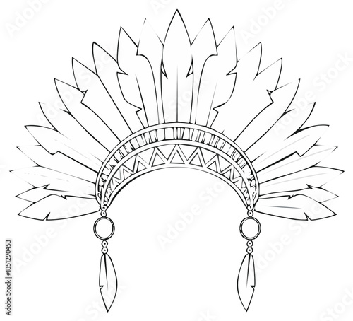 Ornate Indigenous American Feather Headdress Vector Line Art Drawing
