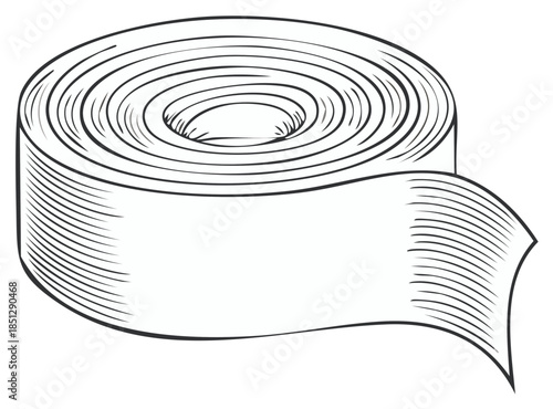 Classic black and white hand-drawn illustration of a rolled spool of blank tape or ribbon