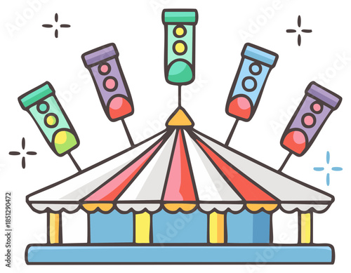 Carnival game illustration featuring a test your strength ride with striped tent roof and hanging mallets, vibrant and whimsical
