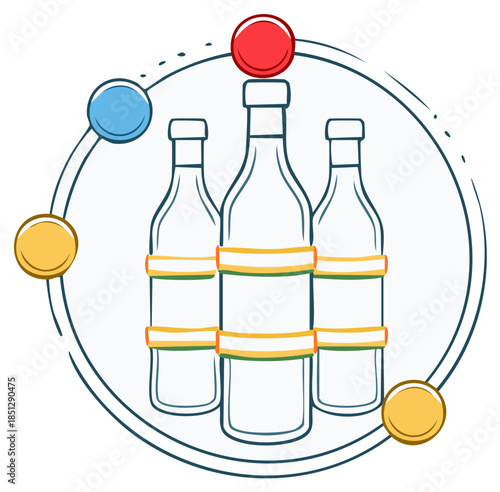 Line art illustration of three glass bottles with blank labels in a circular design representing beverage production