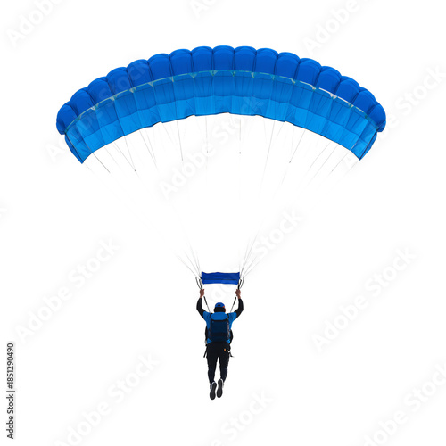 Skydiver Descends With Blue Parachute Over a Clear Sky