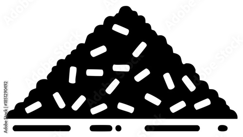Pile of seeds or grains with scattered elements, simple black and white graphic icon