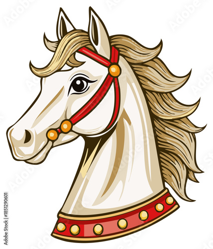Classic white carousel horse head illustration with red bridle and decorative collar