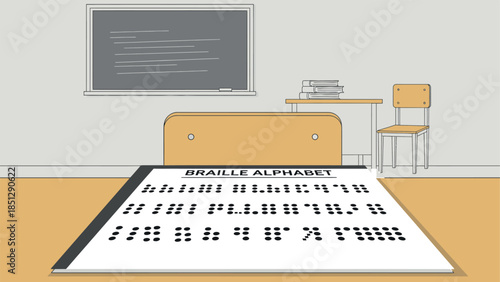 Comprehensive Braille alphabet illustration displayed prominently on a school desk in a simple classroom environment promoting accessible learning for students