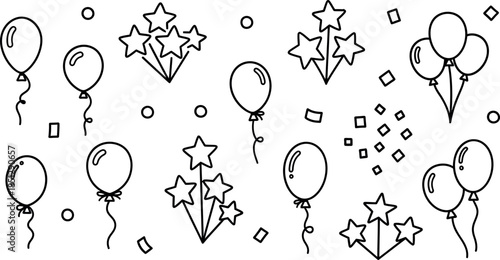 Festive handdrawn line art doodle icons featuring celebration balloons twinkling stars and confetti elements perfect for event decoration and party designs