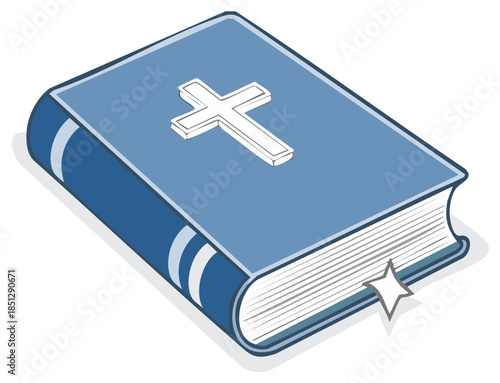 Illustration of blue religious book with cross, bible pages, book cover, holy christian teaching