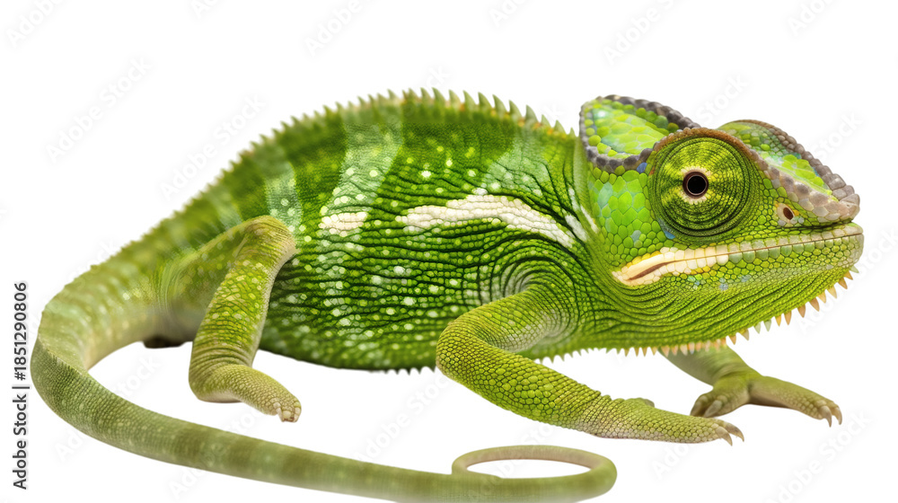 Fototapeta premium Green chameleon with its tail curled on a white background isolated