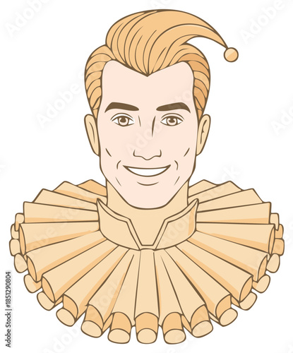 Smiling Jester Man with Ruffled Collar and Pointed Cap Illustration