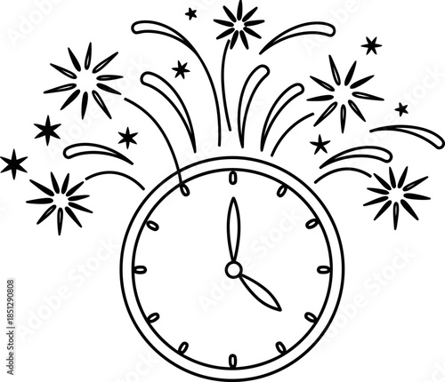 Simple black line art illustration depicting a classic clock approaching midnight surrounded by festive fireworks and sparkling stars symbolising celebration