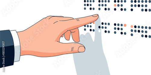 Persons hand gently touching braille dots on a surface emphasizing accessibility and tactile reading for visually impaired individuals