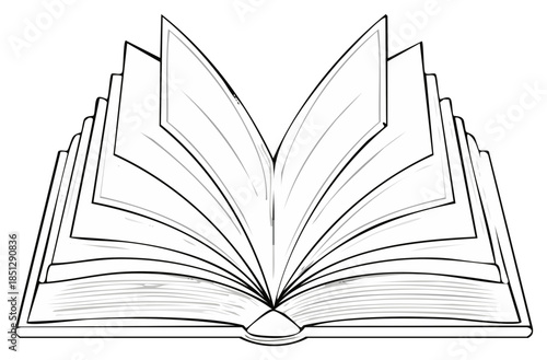 Black and white line art illustration of an open book with fanned blank pages for education and knowledge