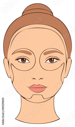 Woman's face with hydrogel eye patches and v line chin mask for skincare beauty treatment vector illustration