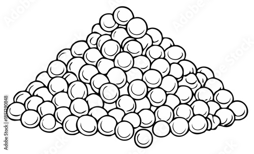 Black and white cartoon illustration of a large pyramid shaped pile of many round spheres