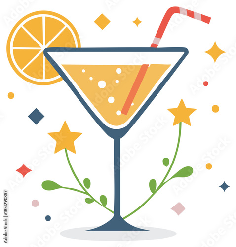 Vibrant cocktail drink in martini glass with orange garnish and festive sparkles