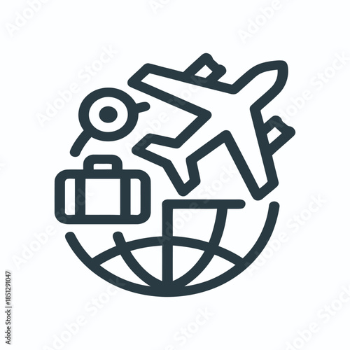 airplane, luggage, globe, travel, vacation, journey, exploration, adventure, transportation, silhouette, minimalistic, vector illustration