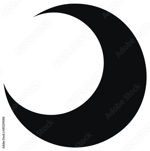 Simple black crescent moon silhouette icon. Celestial lunar phase graphic element for design.