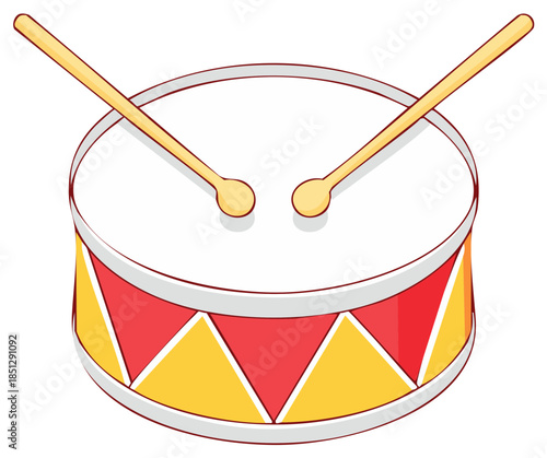 Illustration of a Red and Yellow Toy Drum with Drumsticks Percussion Instrument