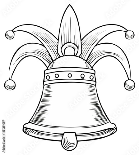 Stylized Jester Hat Bell Outline Illustration Comedy Carnival Entertainment Symbol Decorative Art
