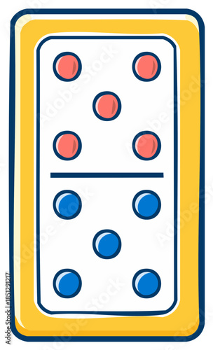 Dominos tile showing four pips on the top half and five on the bottom half in cartoon doodle style game luck strategy