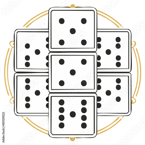 Seven white dice arranged in a radial pattern within a golden circular frame