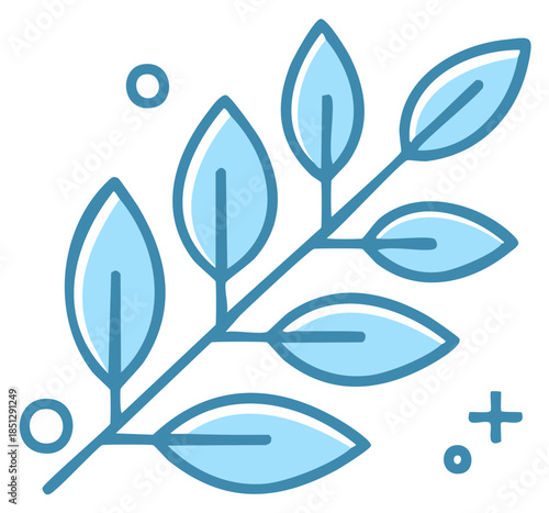 Stylized blue branch with leaves and abstract circular and plus shapes