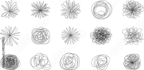 Abstract black line drawing set, floral symmetry sketch, generative art loops, chaotic pattern illustration, geometric vector design, minimal artwork