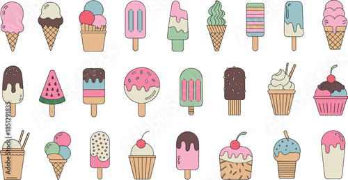 Pastel ice cream illustration, frozen treat vector, popsicle and sundae drawing, summer dessert clipart, sweet food design, colorful cones