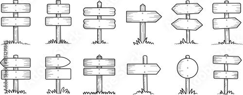 Hand-drawn wooden signpost illustration, black and white signage set, directional board vector, rustic navigation art, sketch style clipart