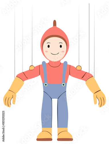 Cartoon Marionette Puppet Toy with Strings Isolated on White Background