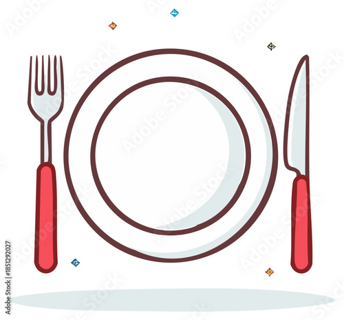 Cartoon table setting with plate, fork and knife, meal cutlery illustration