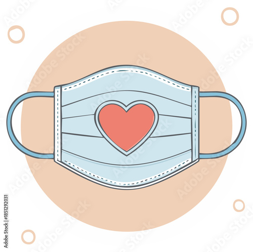 Protective medical face mask with red heart illustration, symbolic of love and safety, for virus protection during health crisis, simple illustration on a pastel circle