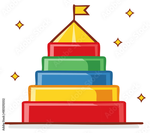 Colorful Stacked Blocks Tower Toy with Flag and Stars Childrens Illustration