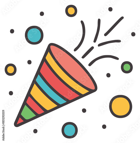 Colorful confetti popper exploding with festive streamers and dots