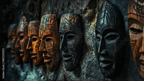 Vibrant tribal masks on display against textured stone background