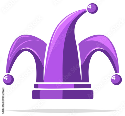 Stylized purple jester hat illustration with whimsical design and playful appearance, carnival headdress for fun and entertainment