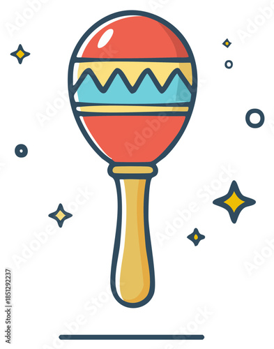 Vibrant hand percussion instrument with a red bulbous head and yellow handle