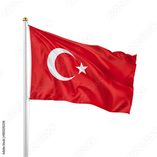 Turkish Flag Waving Against White Background on a Flagpole