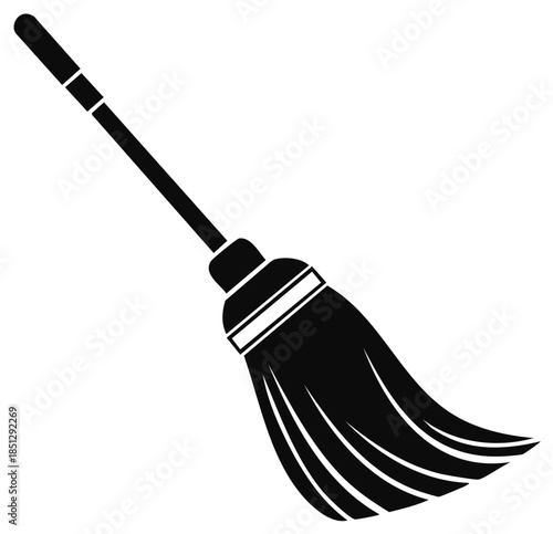 Black silhouette of a floor mop with a long handle and textured bristles