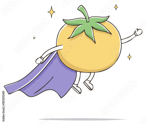 Flying superhero tomato with a cape and sparkling stars cartoon character