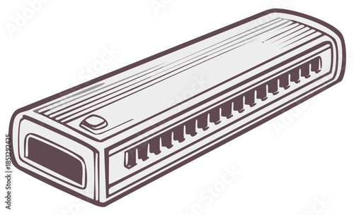 Vintage harmonica mouth organ vector illustration. Classic musical instrument for blues, folk, and country music.