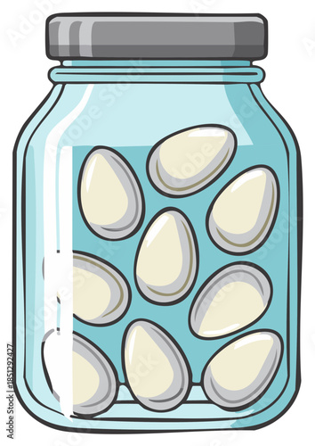 Cartoon Pickled Eggs in Sealed Jar, Vector Illustration with Blue Liquid