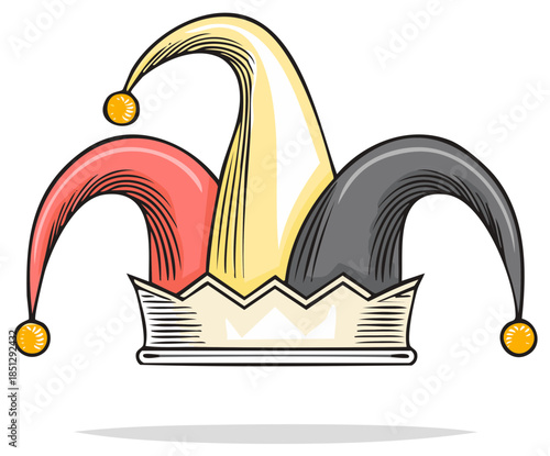 Colorful jester hat or fool's cap with bells in a vintage drawing style. Vector illustration for carnival or comedy.