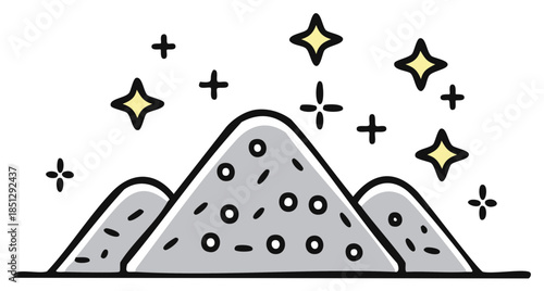 Cartoon illustration of valuable mineral resources or sparkling aggregate piles with stars