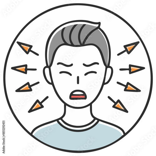 Stressed man overwhelmed by criticism. Pointing arrows indicate pressure, anxiety, stress, or attacks