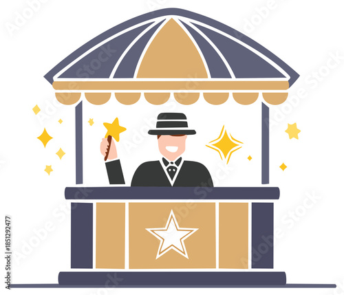 Magician in a booth with a star wand