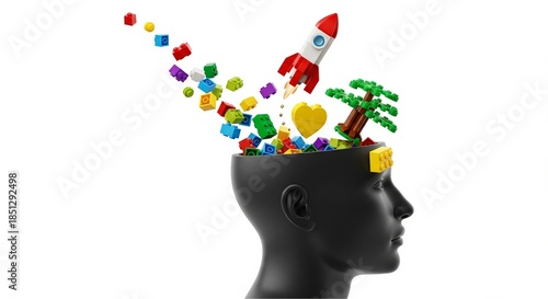 Creative Mind Concept Human Head with Colorful LEGO Building Blocks Rocket and Tree Imagination