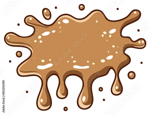 Cartoonish illustration of a blob of brown liquid, dripping and splattered on a surface in a stain or spill shape